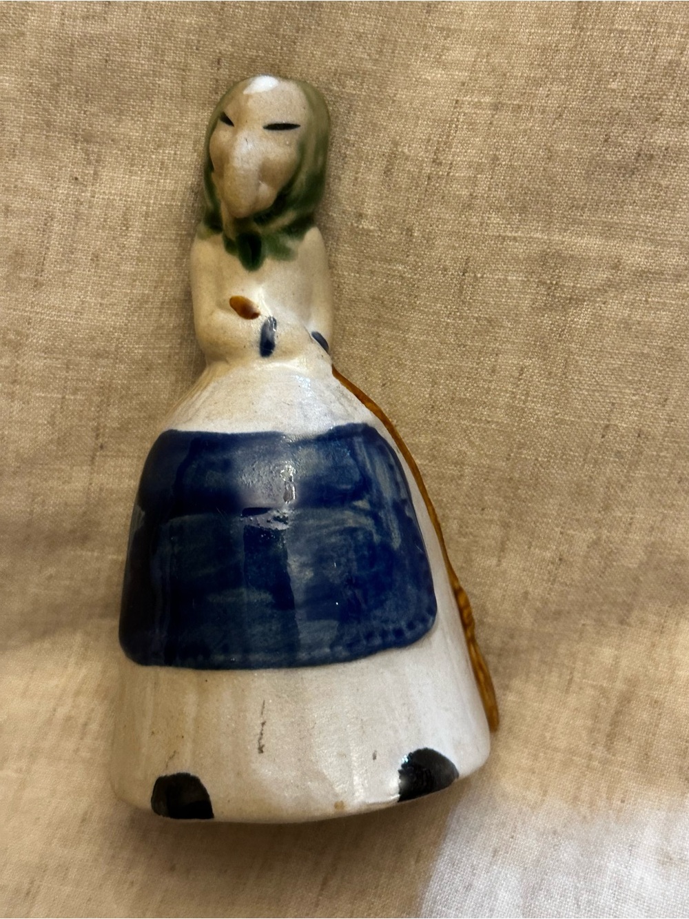 Kitchen Witch Bell Hand-Painted Ceramic Folk Woman Figurine in Blue and White